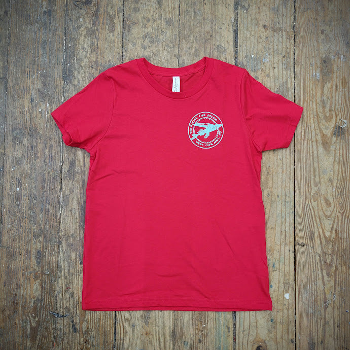 A bright red t-shirt with the 'Flying Fish Studio' logo on the left chest in blue ink.