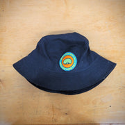 A solid black bucket hat with a lima bean patch in the front.
