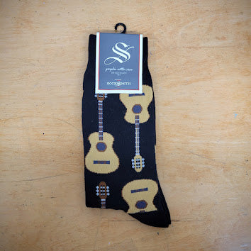 Black, men's socks with acoustic guitars on them.