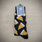 A black pair of socks with pizza on them.