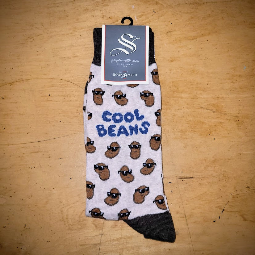 A pair of socks with beans on them.