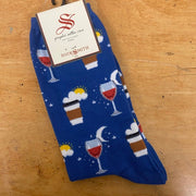 A pair of navy socks with wine and coffee on them.