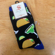 A pair of black and blue socks with tacos and margaritas on them.