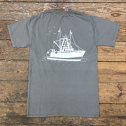 A grey t-shirt with a white scallop boat design on the back.
