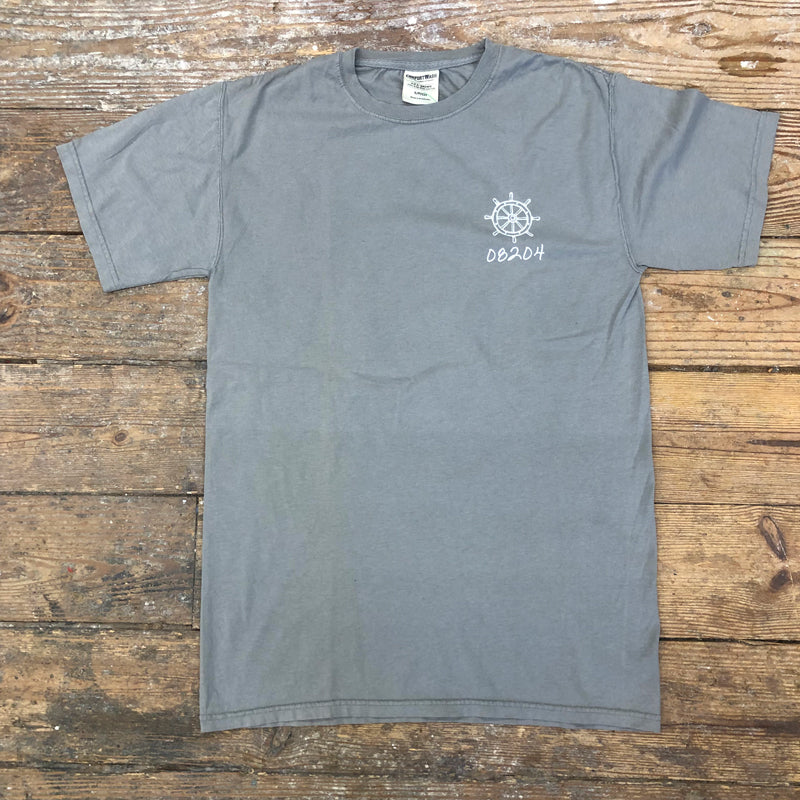 A grey t-shirt with an anchor and Cape May's zip code on the left chest.