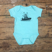 Aqua blue onesie featuring the design of a 'Scallop Boat' in black ink on the front.