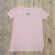 A dusty pink t-shirt featuring the 'Flying Fish Studio' logo on the back neck in black ink.