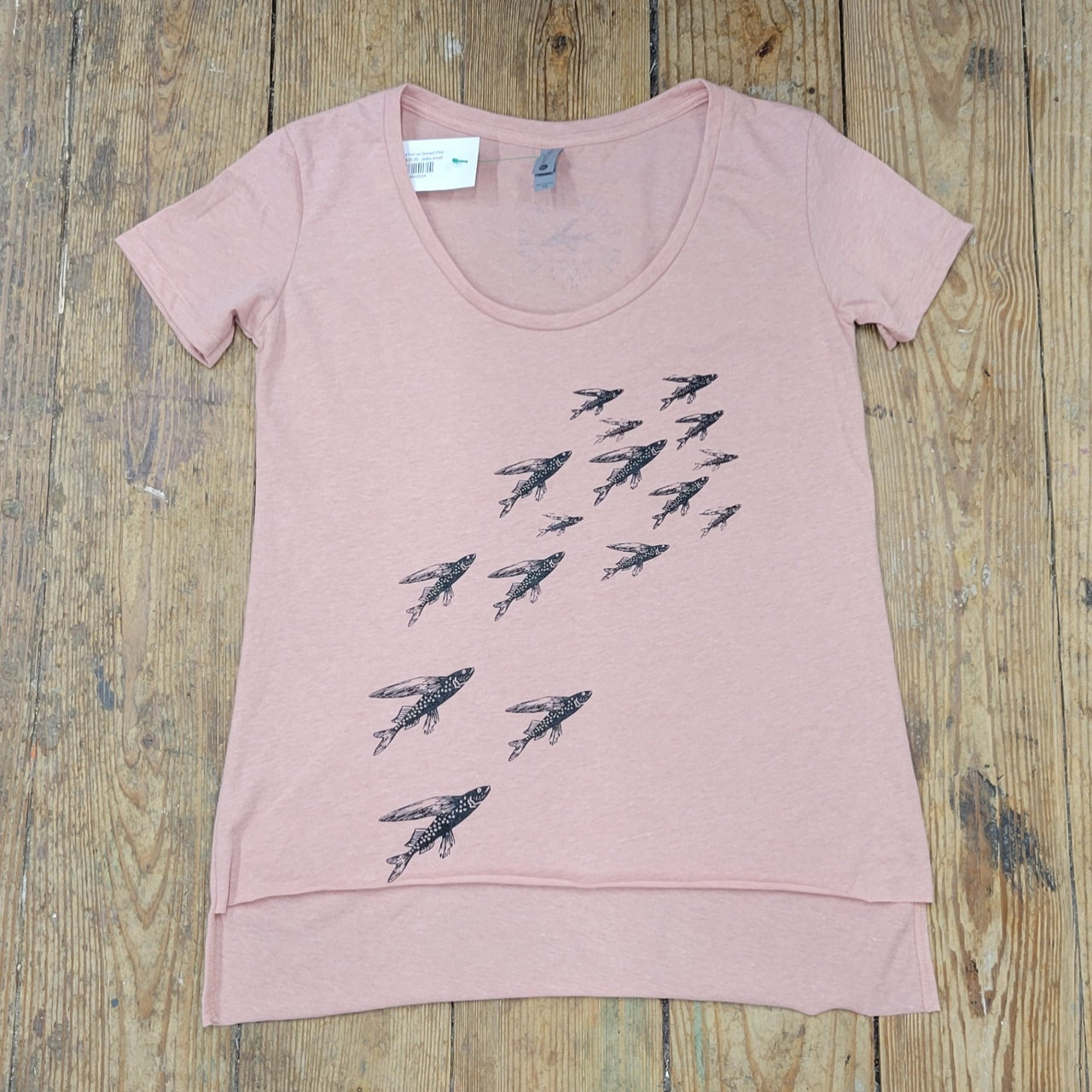 A dusty pink t-shirt featuring the 'School of Fish' design on the front chest in black ink.