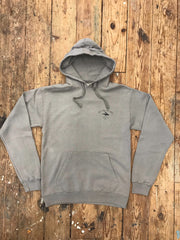 Warm Grey hoodie featuring a 'Flying Fish' design on the left chest in black ink.