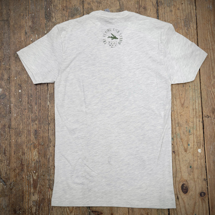 An oat-heather t-shirt with the 'Flying Fish Studio' logo on the back neck.