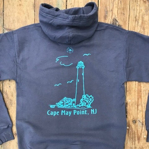 Slate Blue hoodie featuring a 'Cape May Point, Nj' lighthouse design on the back in light blue ink.