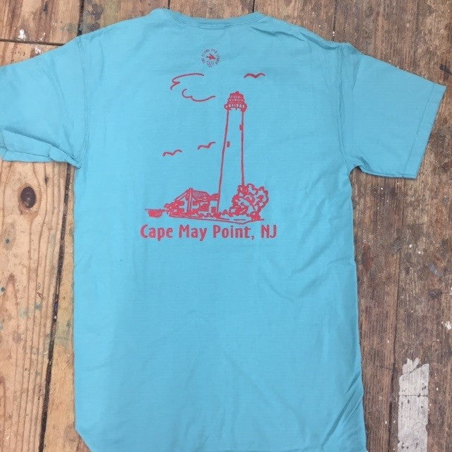 A mossy blue t-shirt with the 'Cape May Point, NJ' lighthouse design on the back in red ink.