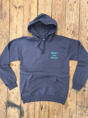 Slate Blue hoodie featuring a 'What's the Point?' caption design on the front left chest in light blue ink.