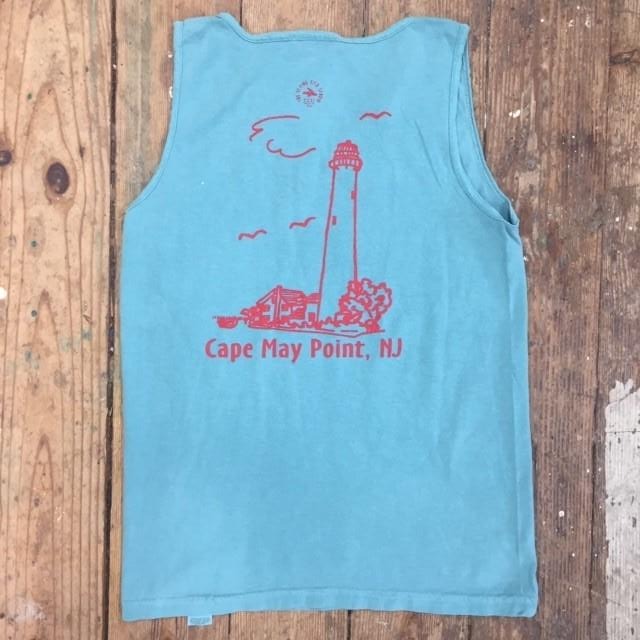 A mossy blue tank-top with the 'Cape May Point, NJ' lighthouse design on the back in red ink.