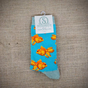 An aqua blue pair of socks with goldfish on them.
