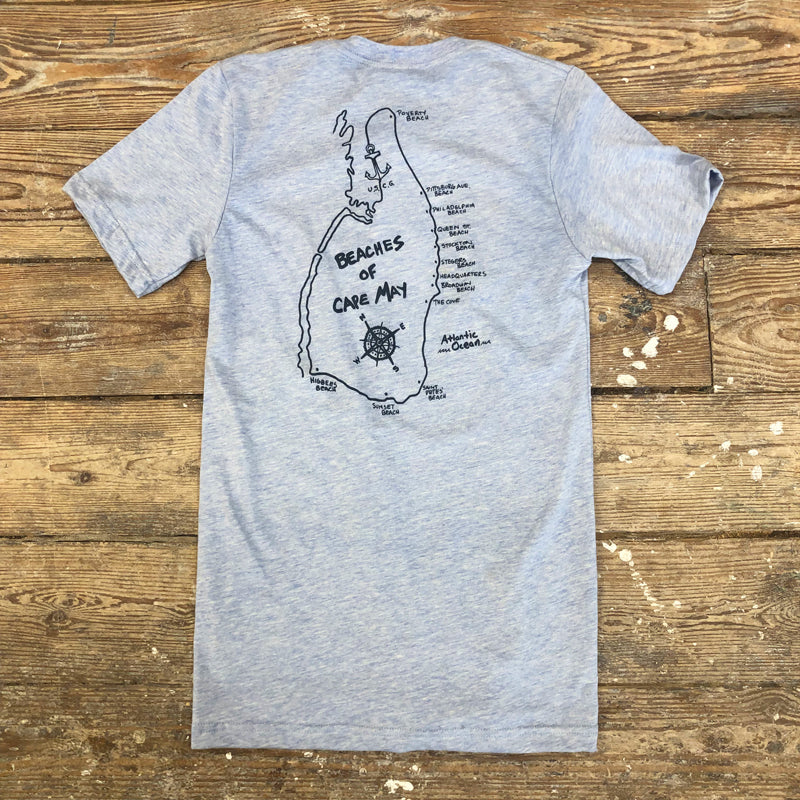 A heather blue-ish grey t-shirt with the 'Beaches of Cape May' design on the back.