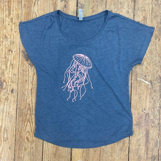 Indigo blue t-shirt featuring the 'Jellyfish' design in pink ink on the front chest.
