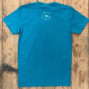 A blue t-shirt featuring the 'Flying Fish Studio' logo on the back neck.