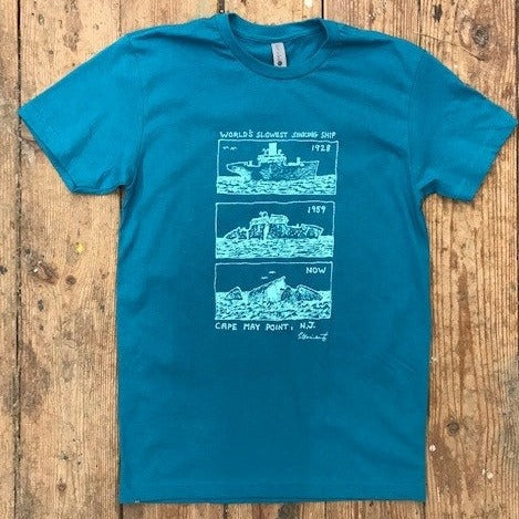 A blue t-shirt featuring the 'World's Slowest Sinking Ship' design on the front.